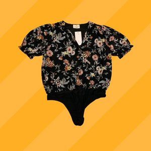EMBER - Black Multi Floral Printed Crossover Bodysuit-Style Shirt. NWT